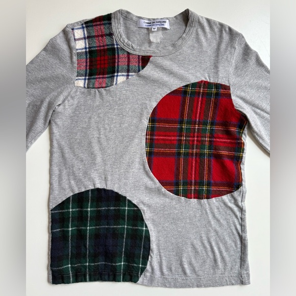 Vintage COMME DES GARCONS Gray Long Sleeve T Shirt with Round Plaid Patchwork -M - Picture 2 of 11